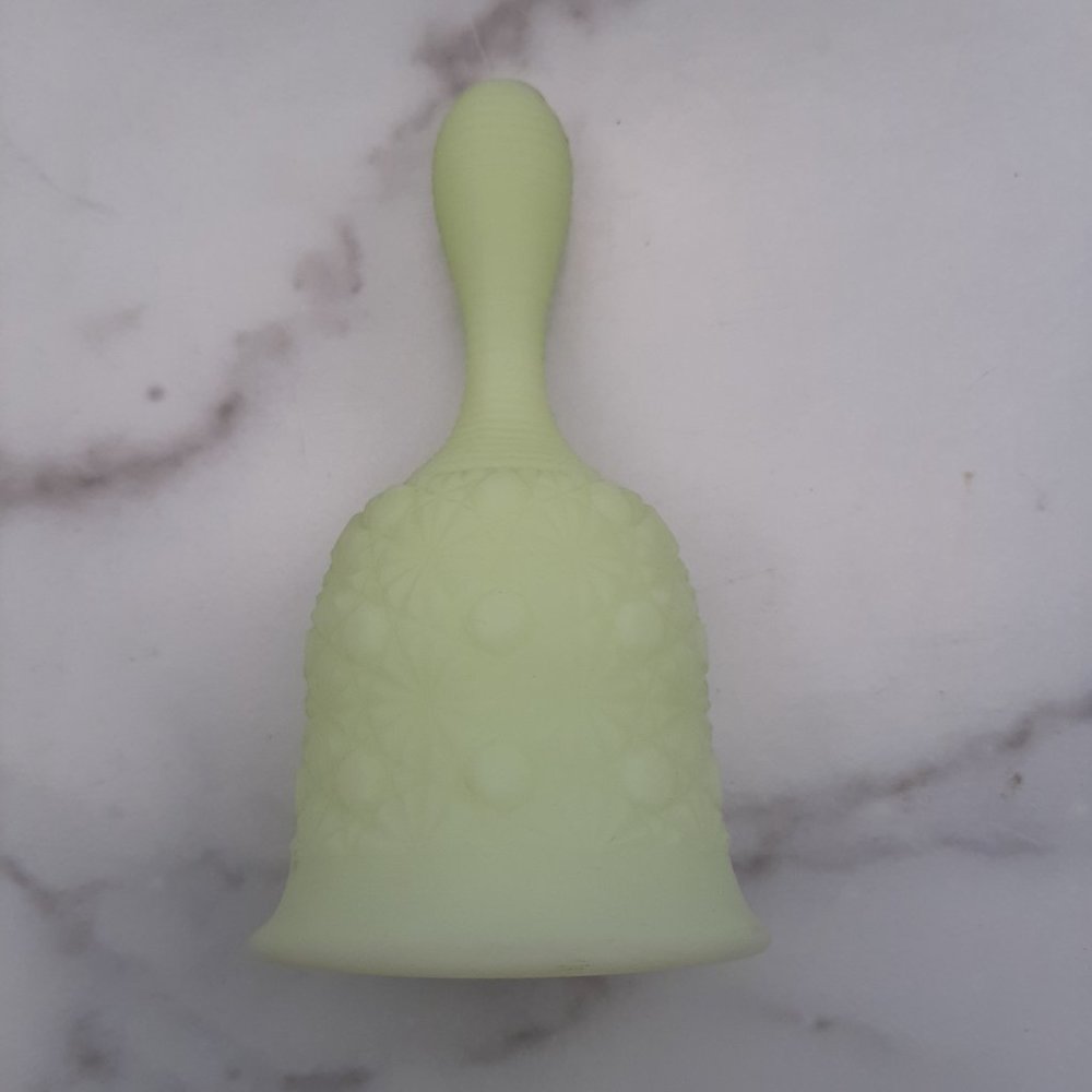 FENTON Vintage Green Custard Glass Hand Bell 6" daisy & button pattern